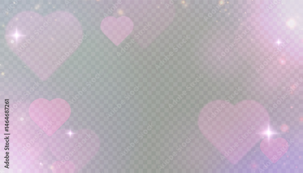 Soft pink bokeh hearts with glowing sparkles on transparent background. Romantic abstract overlay for Valentine’s Day, wedding invitations, love-themed design or festive decoration.

