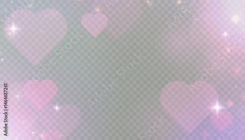 Soft pink bokeh hearts with glowing sparkles on transparent background. Romantic abstract overlay for Valentine’s Day, wedding invitations, love-themed design or festive decoration.

