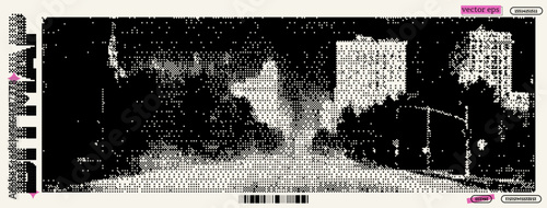A pixelated representation of a city street during dusk, blending bitmap textures with a dada influence.