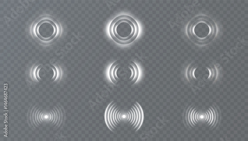 Set of glowing white radar and wave ripple effects on transparent background. Round signal elements for user interface, futuristic HUD visual effects, scanning animation or sonar display design.