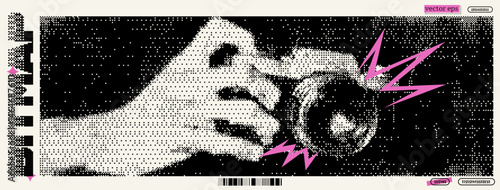 A hand grips a vintage camera, embodying a fusion of retro and modern styles. Dadaist influences emerge with a pixelated design that captures y2k nostalgia, evoking creativity and expression.