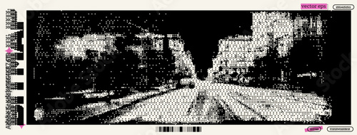 This vibrant city street captures a unique perspective, blending pixel art and dadaism influences. The urban environment features buildings and trees, emphasizing movement through digital design.