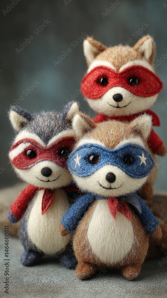 Cute raccoon toys dressed as superheroes for playful decor or toy collection