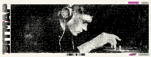 A young DJ distills energy while mixing tracks at an eclectic Y2K-inspired event. The atmosphere is lively, merging pixel art with a splash of dada creativity, drawing in a spirited crowd.