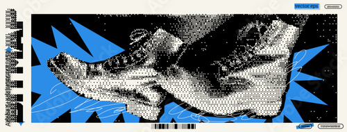 Intricate depiction of shoes in a pixelated style, showcasing dynamic movement against a vibrant blue background with contrasting patterns.