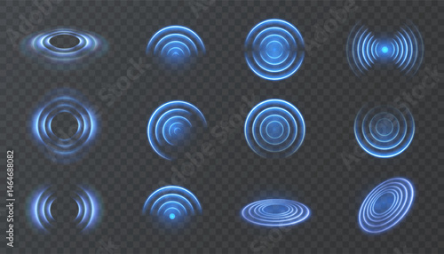 Set of glowing blue radar and ripple wave effects on transparent background. Circular signal elements for user interface, futuristic HUD visuals, scanning animations, or sonar display design.

