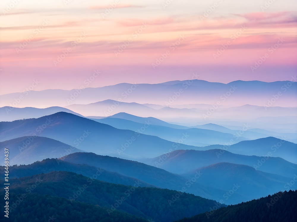 Obraz premium Misty mountain ridges at sunrise with pastel colorful sky layers