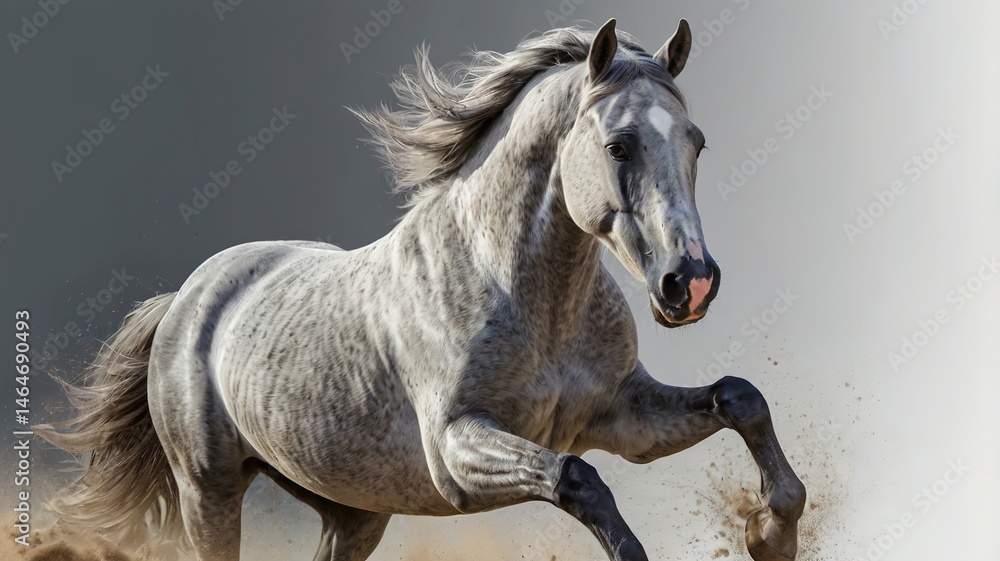 Obraz premium Horse 2026. A horse with flowing hair running across a dusty surface, creating a cloud of dust behind it. The horse's mane is long and flowing, and its legs lift the ground as it moves.