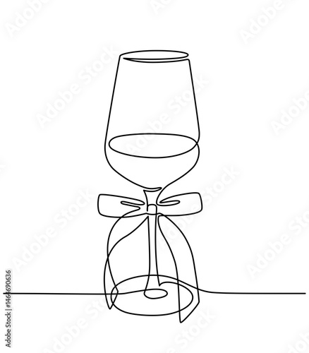 Wine glass line art. Wine glass with a cute bow decoration. Elegant, minimalist & feminine art. Handdrawn vector drawing with EDITABLE stroke. Isolated on transparent background.