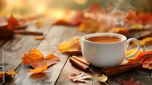 A steaming cup of chai tea on a wooden table surround by autumn leaves