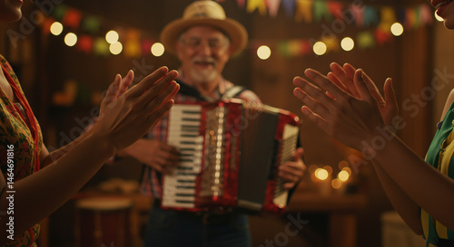 Homem tocando acordeão em uma celebração de Festa Junina, com pessoas dançando, aplaudindo e sorrindo ao fundo, sob bandeirinhas coloridas e luzes festivas