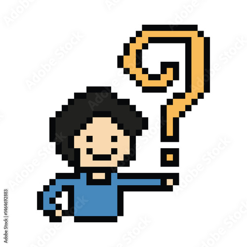 Cute pixel cartoon character man with question mark decoration 8 bit male boy confused idea question mark quiz questionnaire choose cartoon pixel game 8bit png vector.