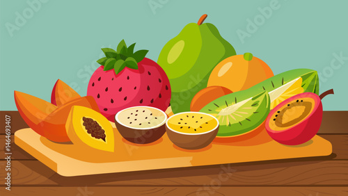 A mouthwatering selection of tropical fruits such as kiwi passion fruit and dragonfruit arranged on a rustic wooden board.. Vector illustration