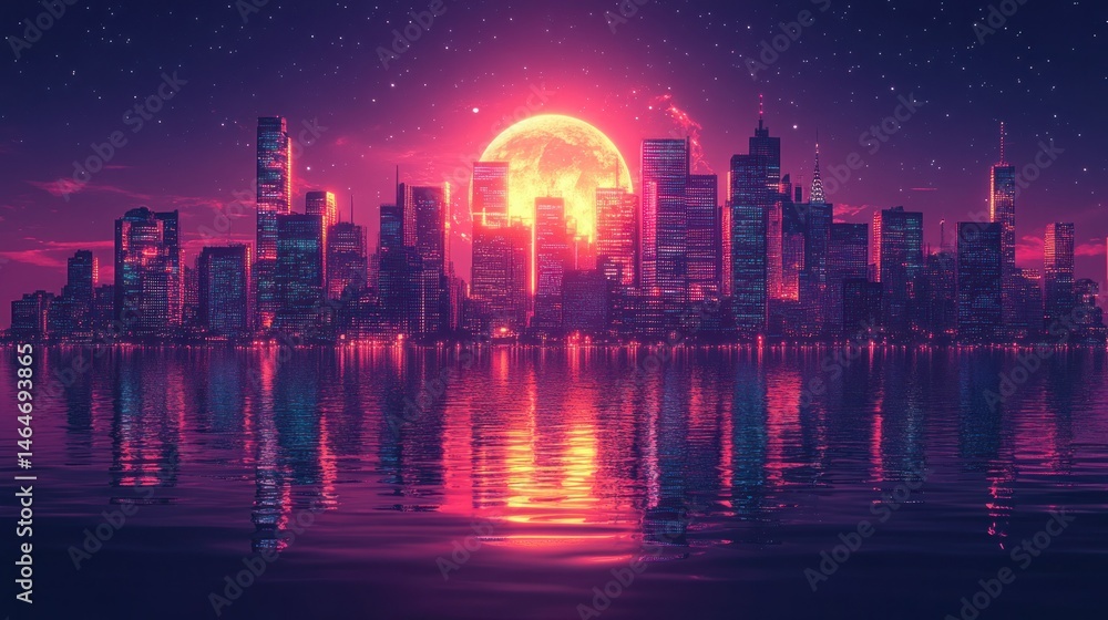 Fototapeta premium Vibrant city skyline at night with a crimson moon reflected in the water
