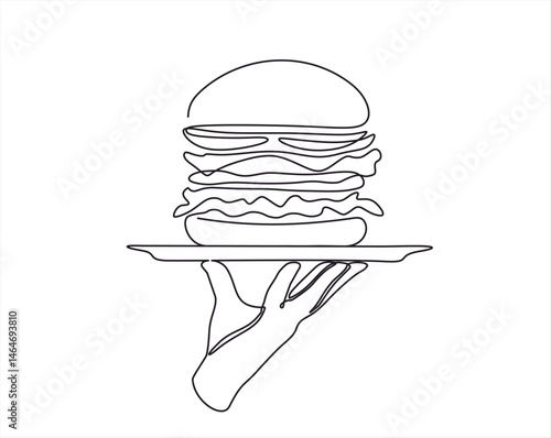 One continuous line drawing of waiter carries burger or hamburger on a tray. Fast food concept. A hand holds a tray. Line Art isolated white background. Editable stroke.
