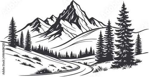 Hand drawn line art mountain design. Mountains and pine trees illustration. Minimalist line art of mountains and pine trees