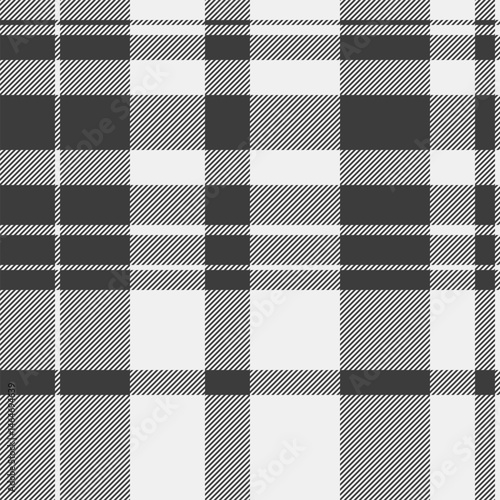 Popular seamless texture plaid, asymmetric fabric textile pattern. Stripped tartan vector check background in white and grey colors.