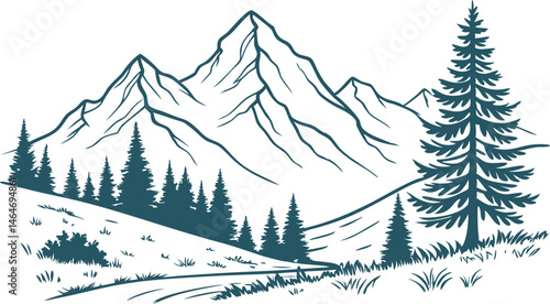 Hand drawn line art mountain design. Mountains and pine trees illustration. Minimalist line art of mountains and pine trees