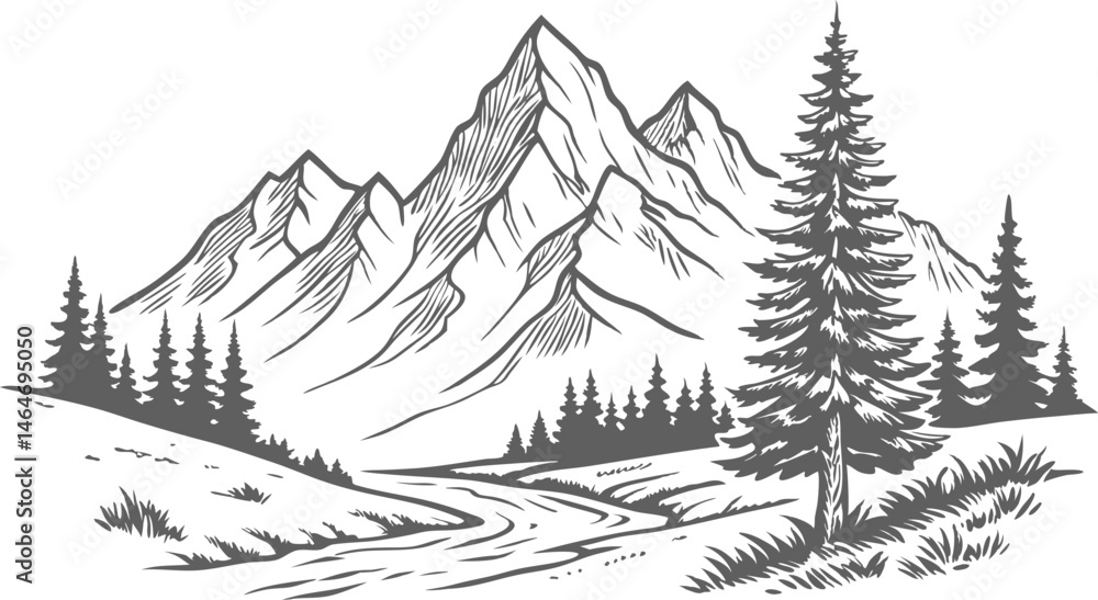 Fototapeta premium Hand drawn line art mountain design. Mountains and pine trees illustration. Minimalist line art of mountains and pine trees