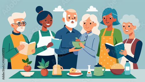 A group of retirees stay active and social by attending regular interactive cooking and snacking classes where they learn new recipes and share. Vector illustration