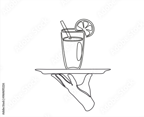 Continuous line vector illustration of hand holding dish with glass with cocktail drawn from the hand a picture of the silhouette. Line art.  Editable stroke.