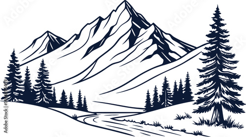Hand drawn line art mountain design. Mountains and pine trees illustration. Minimalist line art of mountains and pine trees
