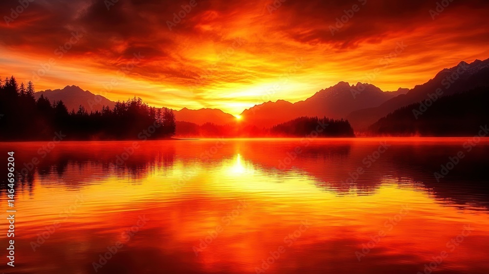 Naklejka premium Fiery sunrise over a tranquil lake
