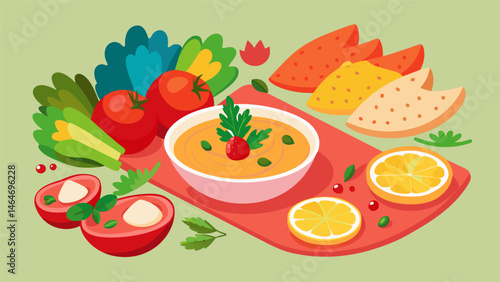 A Mediterraneaninspired spread featuring lemon garlic hummus roasted red pepper dip and crunchy pita chips served with fresh veggies and dried fruit.. Vector illustration