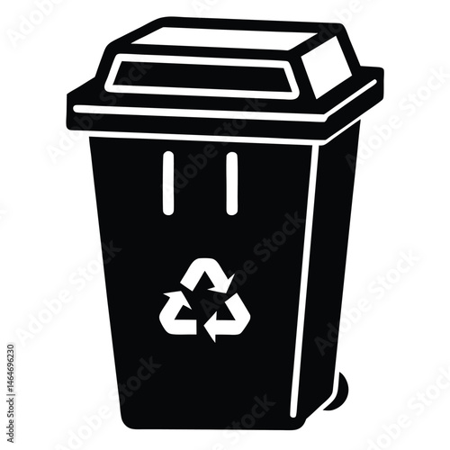 Black recycle bin with white symbol stands ready for use, promoting environmental awareness