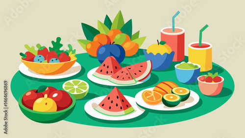 A colorful spread of fresh fruits and vegetables neatly arranged on snack plates for friends to enjoy at their picnic.. Vector illustration