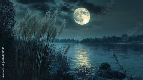 Beautiful lake in the forest at night in full moon light.