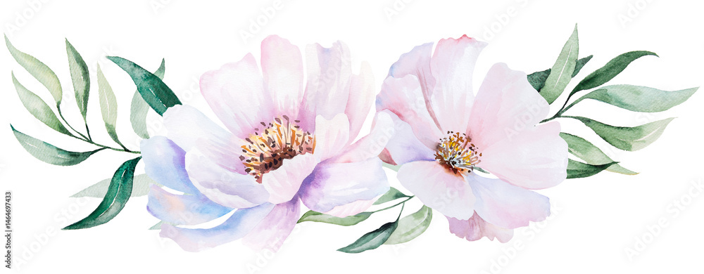 Fototapeta premium Watercolor bouquet with pink peony flowers and leaves, pastel romantic wedding isolated illustration
