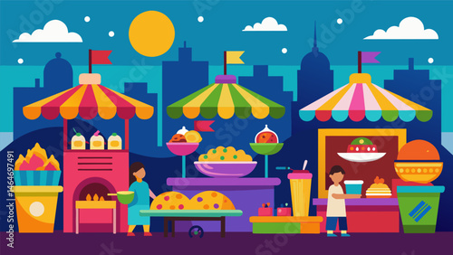 A colorful array of food stalls enticing festivalgoers to gather and indulge in a variety of flavors and cuisines.. Vector illustration
