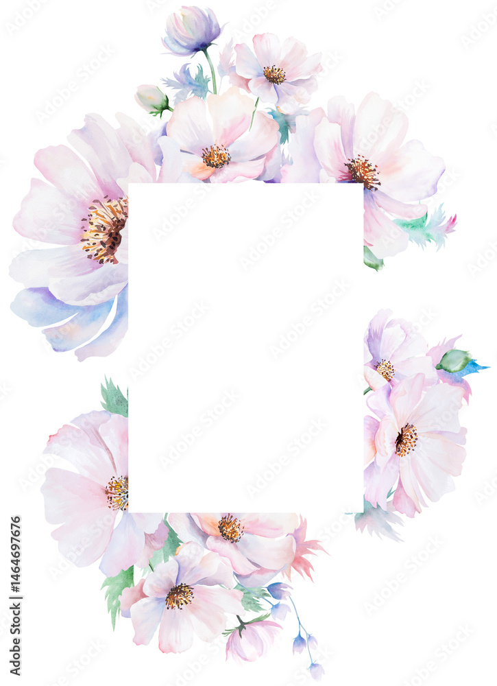 Frame made with watercolor pink peony flowers and leaves, pastel wedding isolated illustration