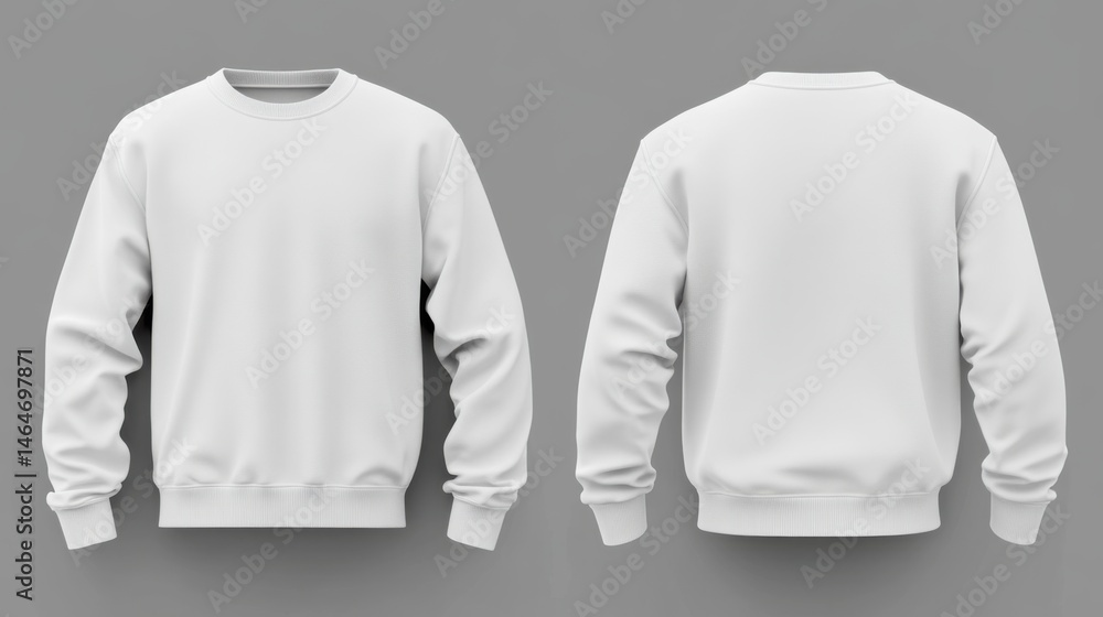 Two views of a white sweatshirt showcasing front and back designs against a grey background studio shot Two views of a white sweatshirt showcasing front and back designs against a grey background studio shot