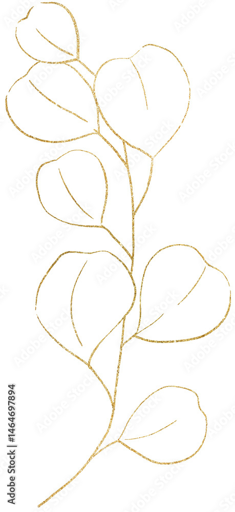 Hand drawn eucalyptus twig with leaves, golden outlines isolated illustration, wedding element
