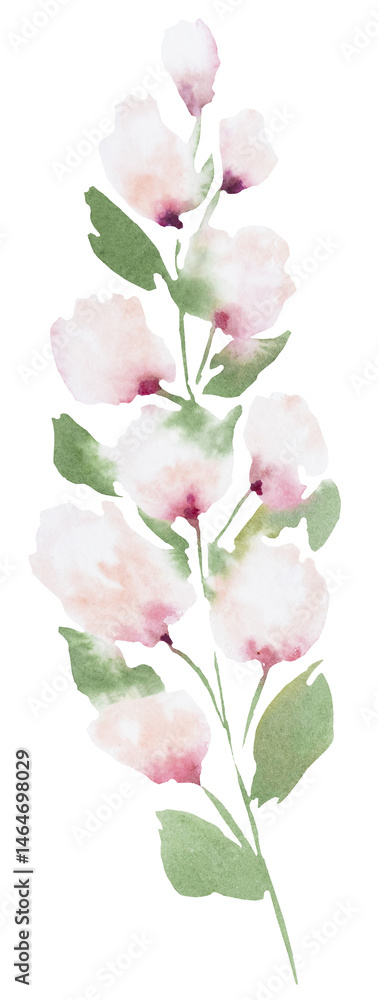 Watercolor pink wild flower with leaves isolated illustration, floral isolated wedding illustration
