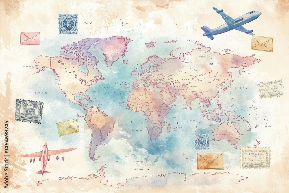 Naklejka premium Vintage World Map with Envelopes and Airplanes
