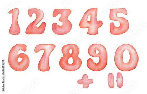 Set of colorful watercolor numbers. Pink numbers isolated. Hand draw.