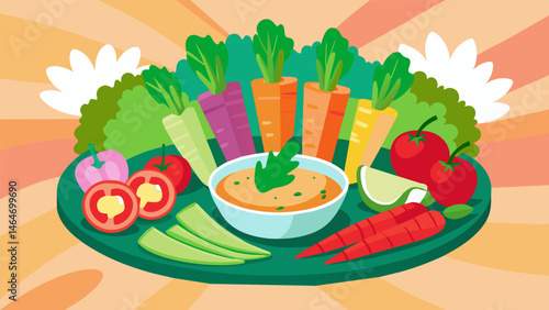 A delicious and visually appealing spread of raw vegetable crudités beckoning to be enjoyed.. Vector illustration