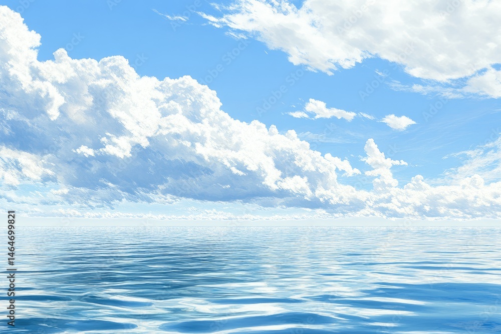 Serene expanse of placid ocean meeting a vast, cerulean sky, dotted with fluffy white cumulus clouds Serene expanse of placid ocean meeting a vast, cerulean sky, dotted with fluffy white cumulus clouds