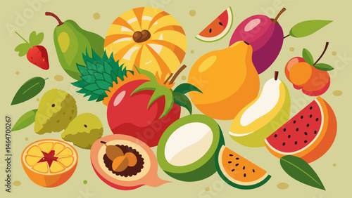 A diverse selection of unfamiliar fruits bursting with flavors and aromas that transport you to a different world.. Vector illustration