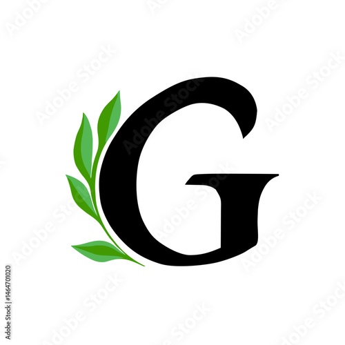 green leaf logo letter G, black and white