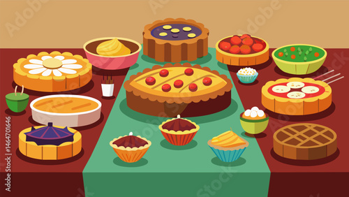 A pie and quiche lovers dream come true a table adorned with a selection of savory delights just waiting to be tasted.. Vector illustration