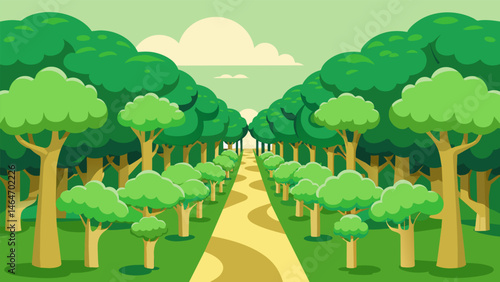 A dense green forest of broccoli trees with a creamy dip path ting through the middle.. Vector illustration