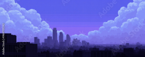 Exploring a breathtaking pixel city skyline at dusk, where vibrant colors merge with nostalgic pixel art charm