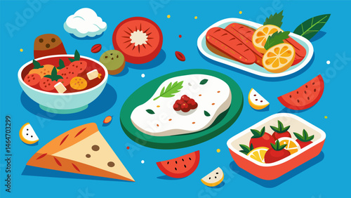 A delicious assortment of Mediterranean mezze featuring tangy marinated feta cheese juicy roasted red peppers and garlicky tzatziki.. Vector illustration