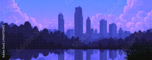 Stunning pixel art cityscape at dusk reflecting serenity on water, capturing a vibrant urban environment in 8-bit style