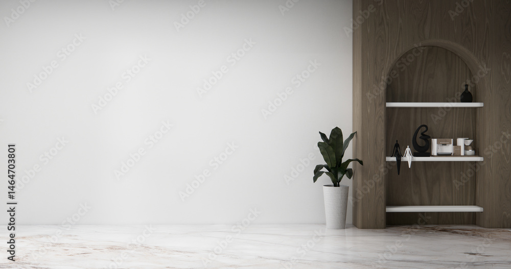 Shelf wall room zen style and decoraion wooden design, earth tone.3D rendering