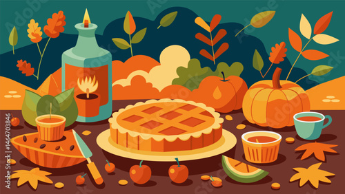 A cozy fall gathering with a rustic pie and tart spread the aroma of warm cinnamon and apples filling the air.. Vector illustration